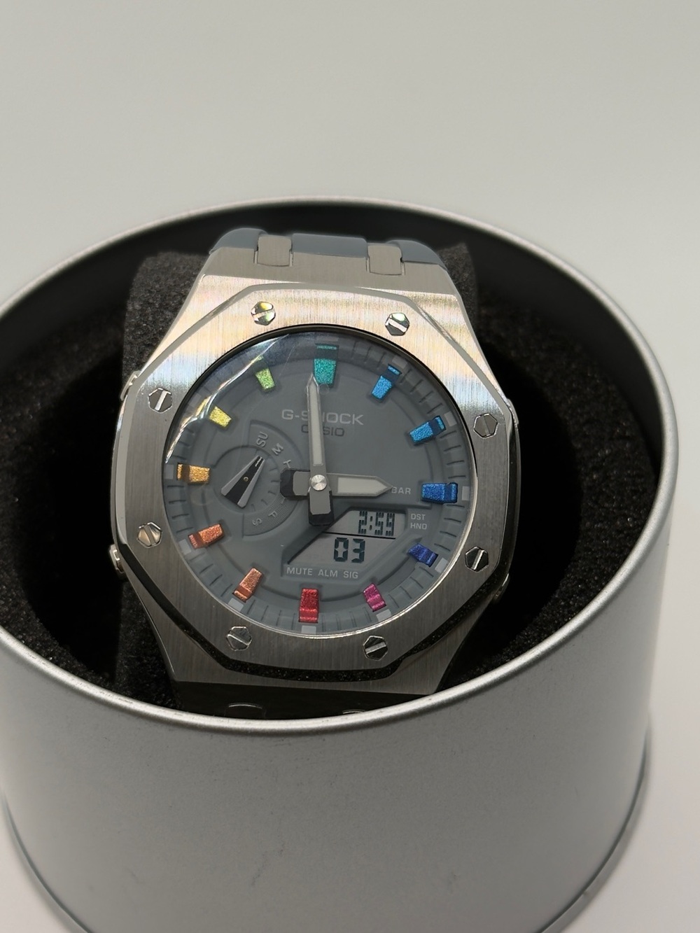 Casio G-SHOCK GM-2100 Stainless Steel Watch with Rainbow Accents - Gray